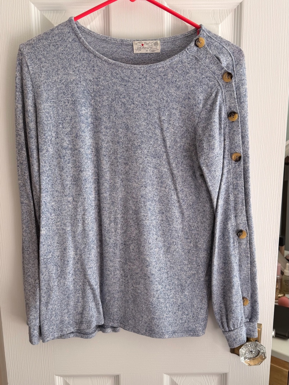 Soft Heathered Blue Button-Sleeve Crew Neck Sweater